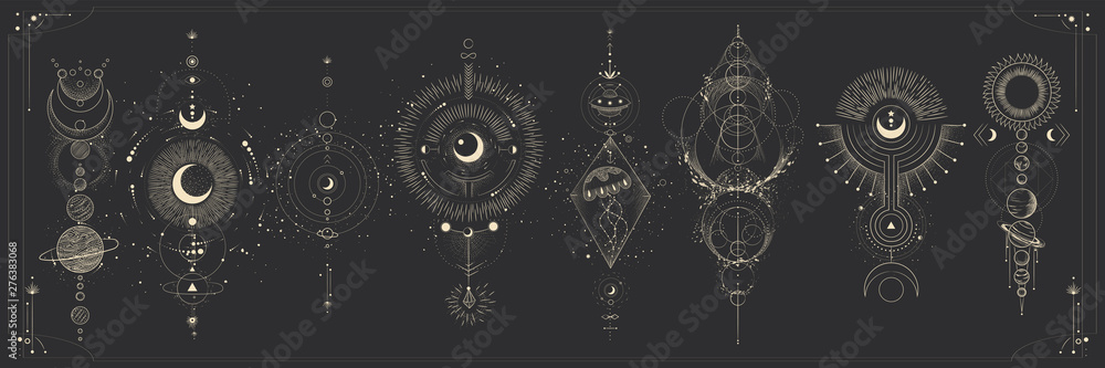 Wall mural vector illustration set of moon phases. different stages of moonlight activity in vintage engraving 