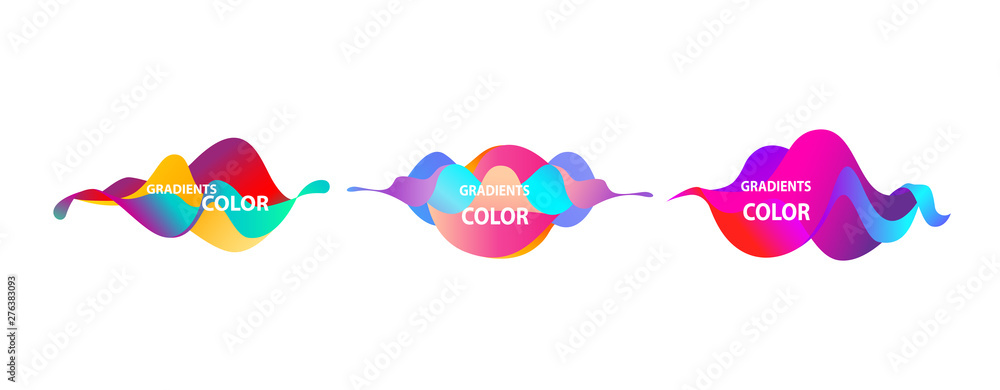 Poster wavy multicolored abstract elements set. dynamical colored forms and lines. flowing liquid shapes ba