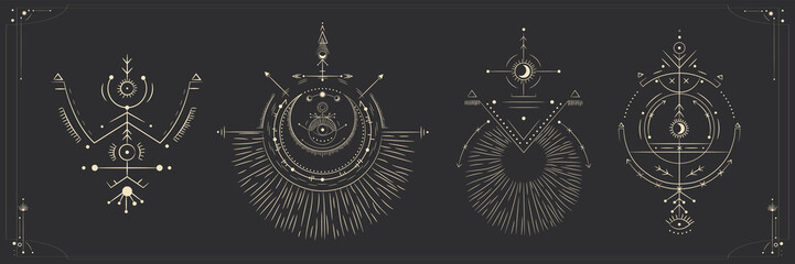 Vector illustration set of moon phases. Different stages of moonlight activity in vintage engraving style. Zodiac Signs