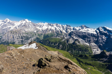 Swiss Alps mountain range from top of schilthorn, Murren, Switzerland.