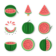 Watermelon whole, half and cut set isolated on white background. Healthy food trendy design . Fruit illustration for farm market menu.Paper cut style vector illustration