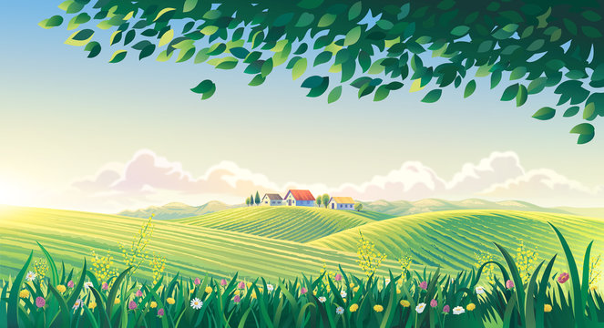 Rural Summer Landscape With Flowers And Grass In The Foreground. Raster Illustration.