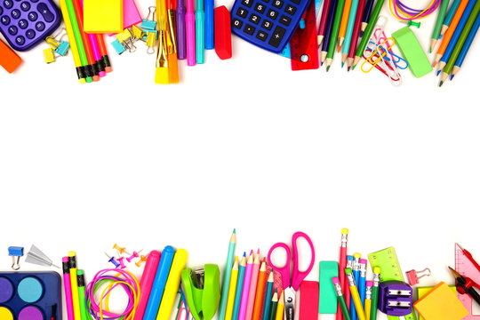 School supplies double border. Top view isolated on a white background with copy space. Back to school concept.