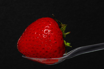 Strawberries on a transparent spoon. Black background.