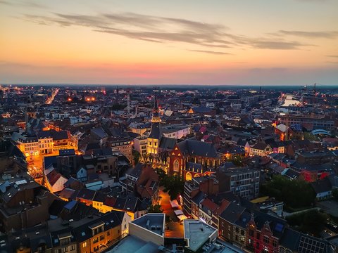 Hasselt city center skyline shortly after sunset, Limburg province, Belgium