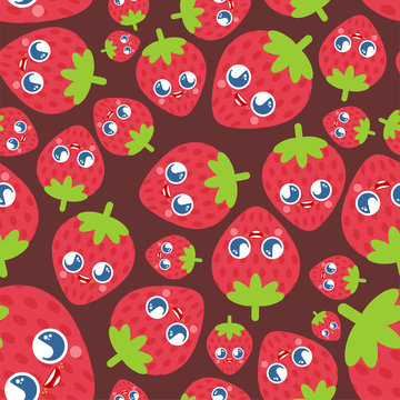 Cute kawaii strawberry pattern seamless. funny berry cartoon style background. kids character. Children cloth texture