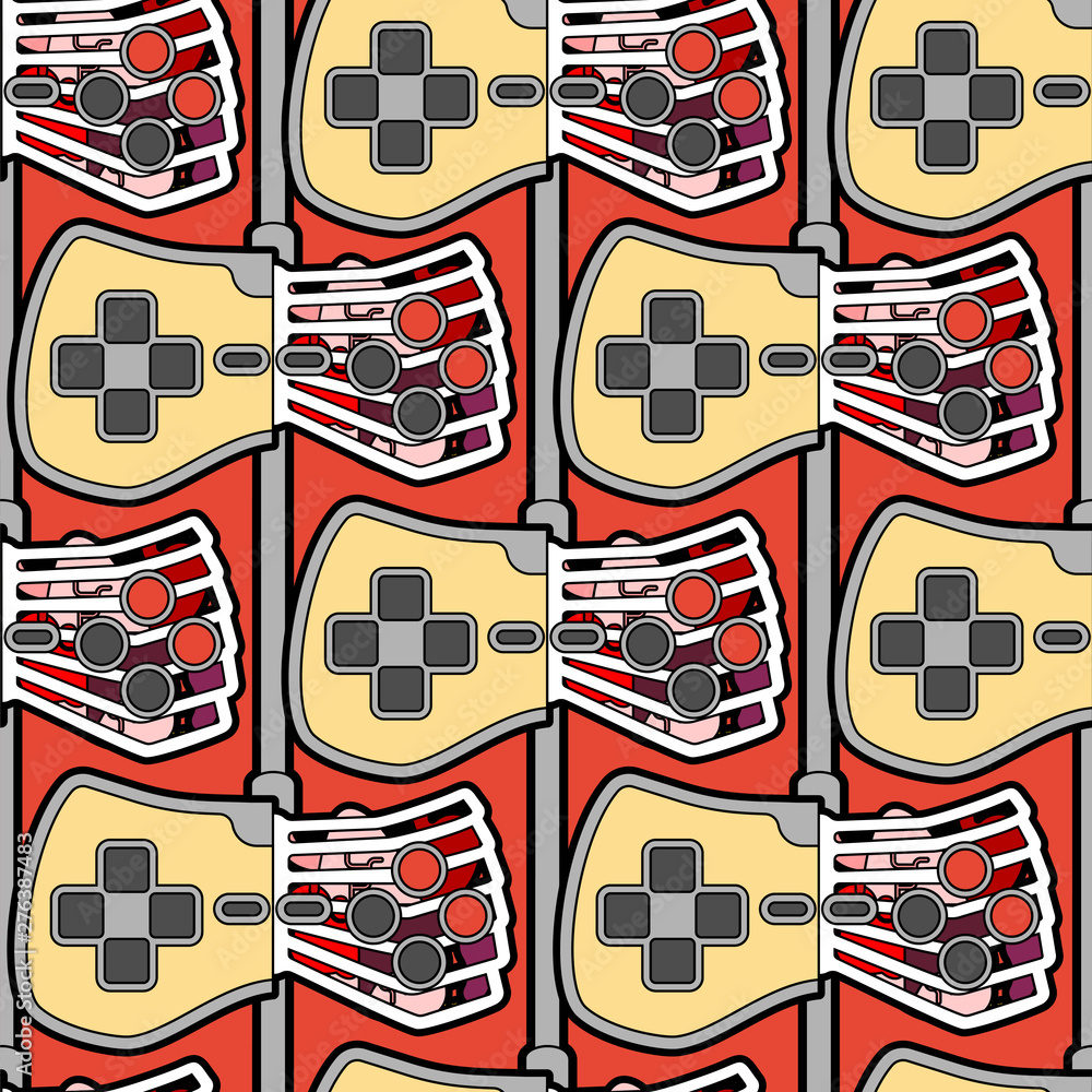 Poster joystick anatomy pattern seamless. gamepad with internal organ background. retro video game controll