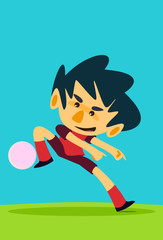 Obraz na płótnie Canvas Fully editable vector illustration of a flat stylized soccer striker kicking the ball in an acrobatic pose ready to score a goal