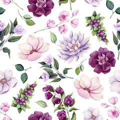 Seamless Pattern of Watercolor Berries and Flowers