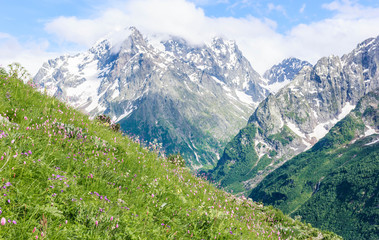 Obraz premium Dombay mountain range in the Caucasus in summer, snow-capped peaks and green mountain slopes