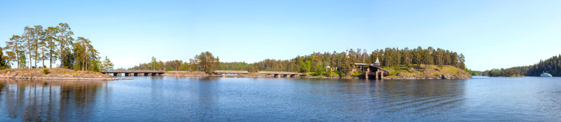 Fototapeta na wymiar Monastyrsky Island, Valaam. Chapel of All Valaam Saints. Panorama
