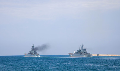 The black sea fleet of Russia parade on the Navy Day, the Navy of Russia, naval ships and submarines