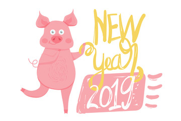 New Year greeting card with funny pig. Cute pig with creative lettering. Vector illustration.