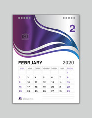Desk Calendar Design, FEBRUARY 2020 Year Template, Calendar 2020 Vector, Week Start On Sunday, Planner, Stationery, Printing, vertical artwork