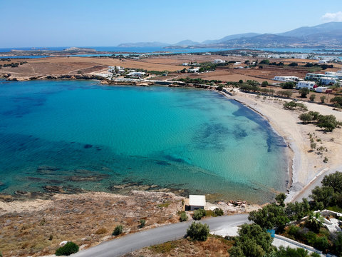 Aerial view of Greece coastline, with beautiful blue water during summer. Summer dry coastline, turquoise sea and fine sand in Greece, Europe