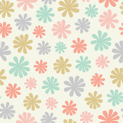 Seamless pattern of stylized flowers in a tossed pastel coloured repeat. A pretty vector Scandinavian inspired design.
