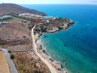 Aerial view of Greece coastline, with beautiful blue water during summer. Summer dry coastline, turquoise sea and fine sand in Greece, Europe