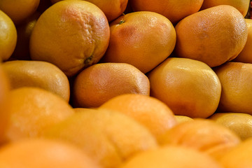 Fresh orange mandarin, many ripe tangerines as background. Сitrus fruits texture, tangerine pattern. Close-up. Selective focus. 