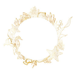 Watercolor underwater circle frame. Hand painted golden seahorse, laminaria, shells and coral reef plants isolated on white background. Line art illustration for design, print. Nautical template. © yuliya_derbisheva