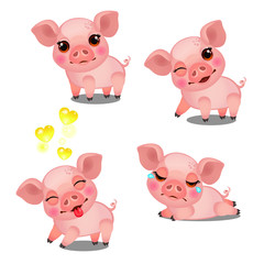 The set of emotions a little animated pink pigs isolated on white background. Sample of poster, party holiday invitation, festive banner, card. Vector cartoon close-up illustration.