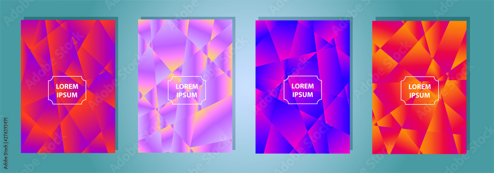 Poster set of colorful low poly vector pattern gradient set. modern smartphone screen, mobile app template.