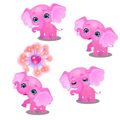 The set of emotions a little animated pink elephant isolated on white background. Sample of poster, party holiday invitation, festive banner, card. Vector cartoon close-up illustration.