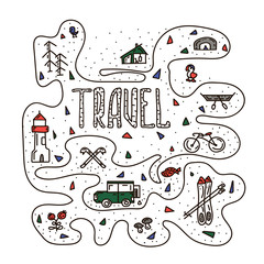 Set of hand drawn color travel doodle. Vector illustration.