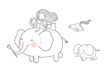 Cute cartoon girl, elephant, monkey and hippo.