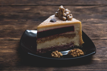 A piece of cake on a plate.