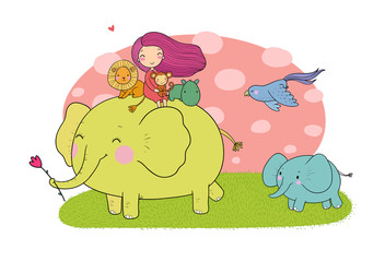 Cute cartoon girl, elephant, monkey and hippo.