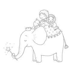 Cute cartoon Little boy and big elephant.