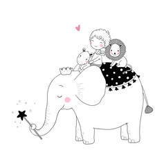 Cute cartoon Little boy and big elephant.