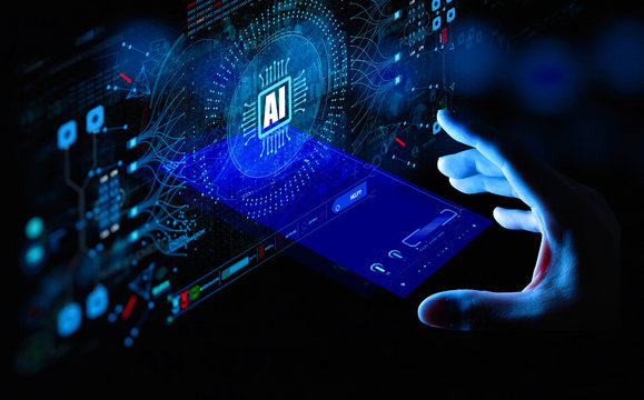 Artificial intelligence (AI) with machine deep learning and data mining and another smart phone technologies UI by hand touching CPU icon.