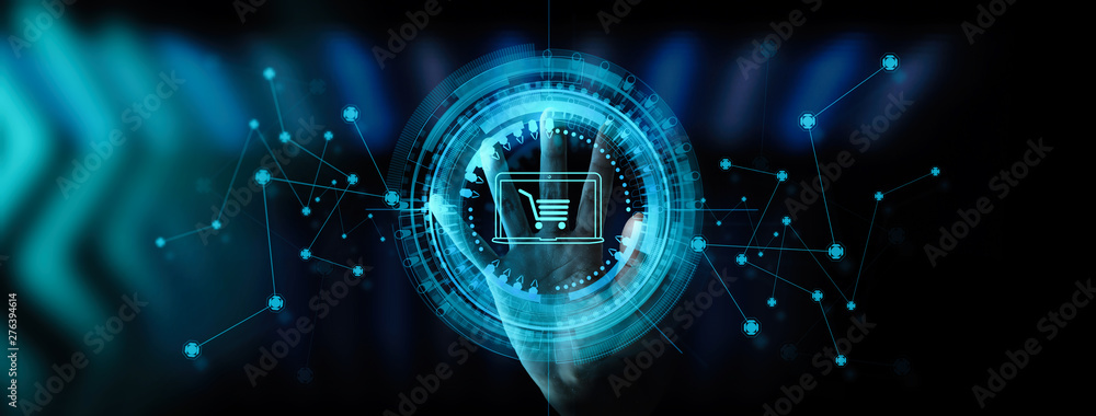 Poster Hand pushing virtual symbol of online shopping with modern UI computer and smart phone.
