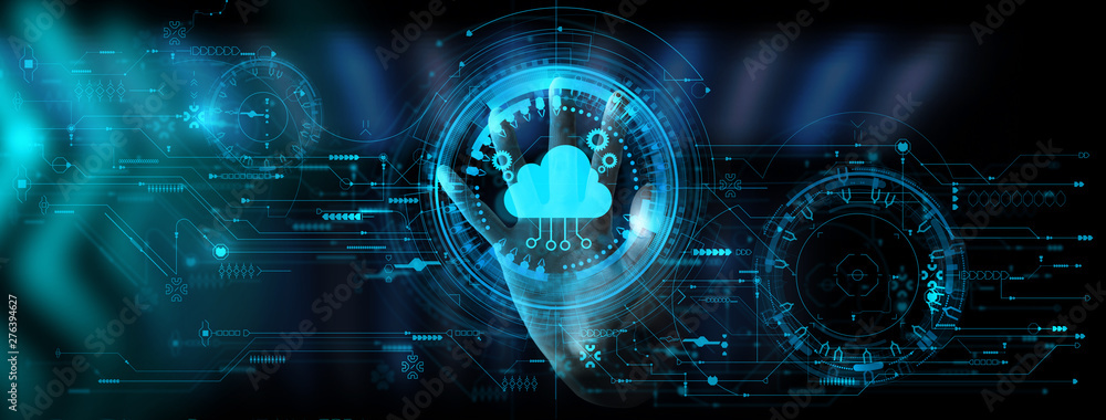 Poster Hand pushing icon Ui of Cloud Computing Technology Internet Storage Network Concept