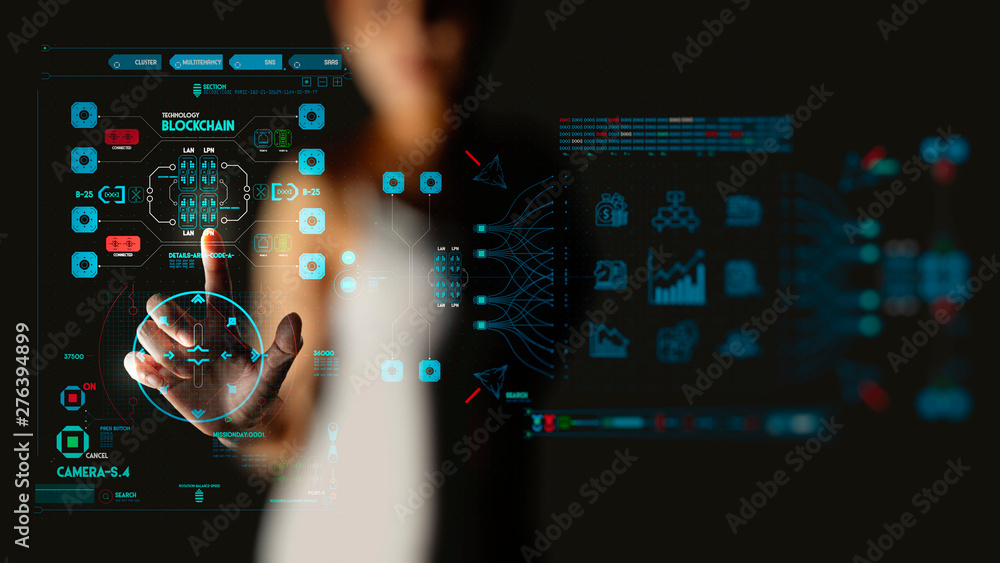 Poster businesswoman hand working with Business data analytics process management with KPI financial charts and graph marketing dashboard.