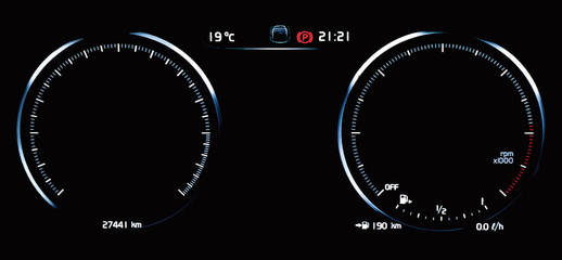 Illustration of empty car dashboard panel concept. Modern car digital LCD instrument cluster without gauge needles and digits. Two blank speedometer and tachometer circle dials.