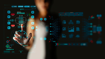 businesswoman hand working with Business data analytics process management with KPI financial charts and graph marketing dashboard.