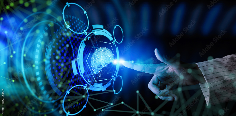 Poster Artificial intelligence (AI) with machine deep learning and data mining and another modern computer technologies UI by hand touching low poly icon.