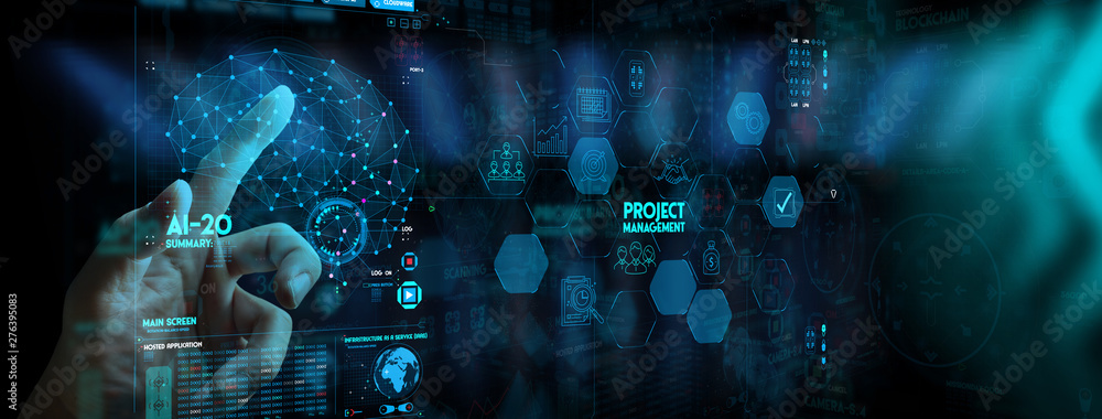 Poster hand working with project manager and icons about planning tasks and milestones on schedule, cost management of Ui computer