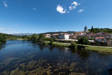 Fototapeta na wymiar View of the traditional village of Ponte da Barca in the Minho Region of Portugal, with the Lima River..