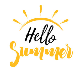 Hand Drawn Lettering Composition of Summer with a Sun - Colored Illustration Isolated on White, Vector Graphic