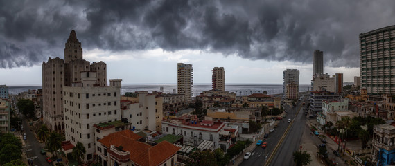Aerial Panoramic view of the Havana City, Capital of Cuba, during a dramatic storm cloud.