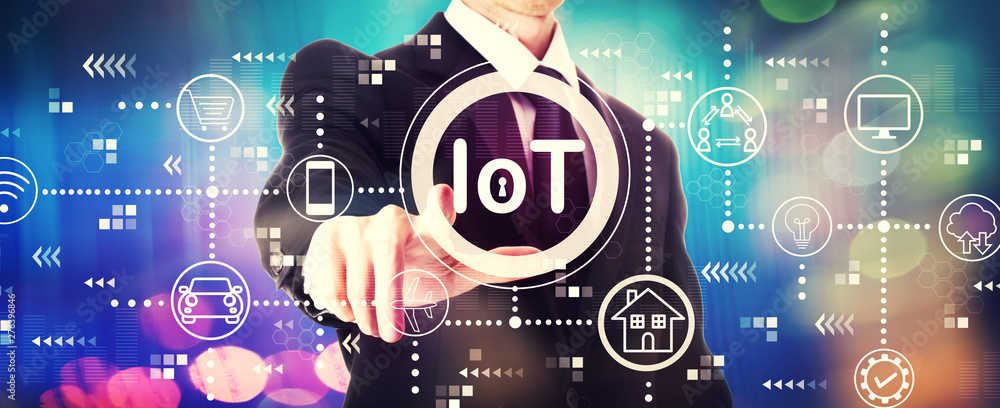 Poster iot theme with a businessman on a shiny background