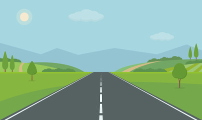 Straight empty road through the countryside. Green hills, blue sky, meadow and mountains. Summer landscape vector illustration.