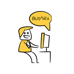 businessman trader monitoring on desktop yellow doodle design