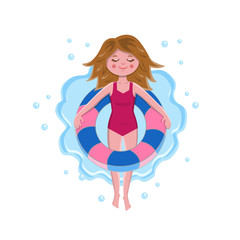 Obraz na płótnie Canvas Smiling teenage girl relax on floating inner swimming tube, closed eyes, body half submerged in water. Colored cartoon flat vector illustration isolated on white background