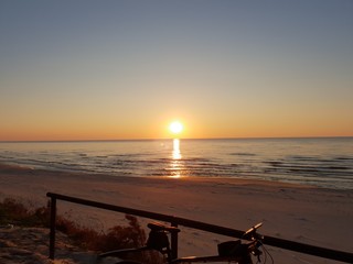 sundown, plaza, morski, oceanu, woda, niebo, wschody, słońce, chmura, krajobraz, piach, wybrzeze,...