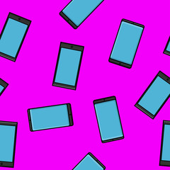 Texture seamless pattern of modern gadgets digital mobile phones smartphones new in flat style devices isolated on purple background. Vector illustration