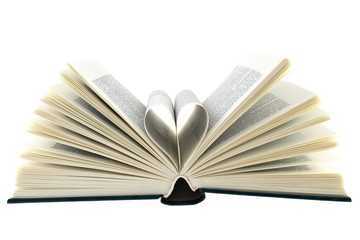 open book, pages folded in heart shape, isolated on white background
